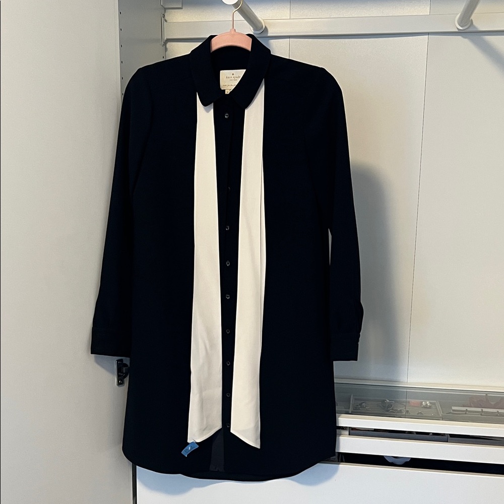 Kate Spade New York Black Shirt Dress Ivory Silk Tie Front Size 0